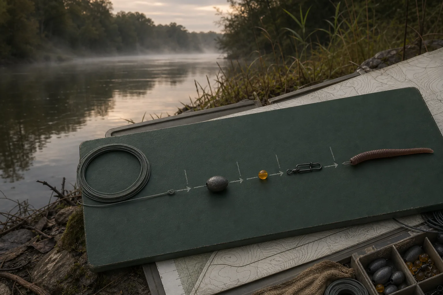 Editorial illustration of a generic dip-bait rig arranged on a green field board beside a freshwater river