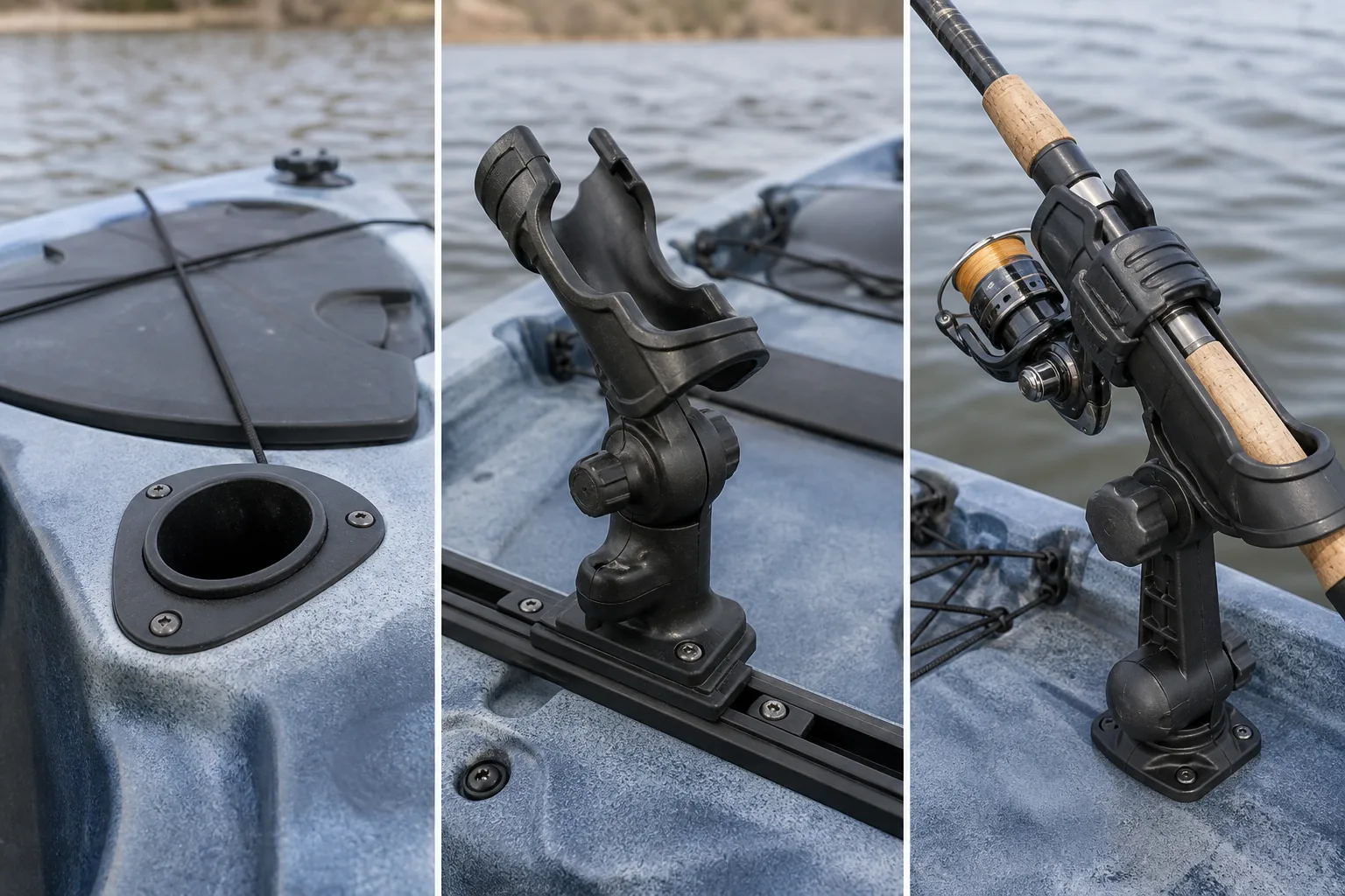 Comparison of a recessed flush tube, adjustable track cradle, and locking trolling rod holder on a kayak deck