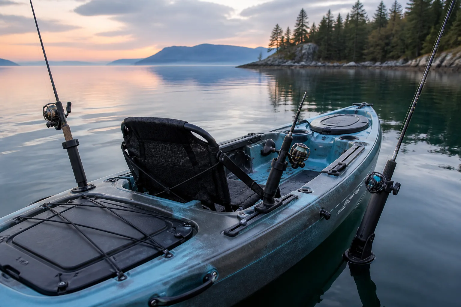 Fishing kayak rigged with flush-mount, track-mounted, and locking rod holders on calm water