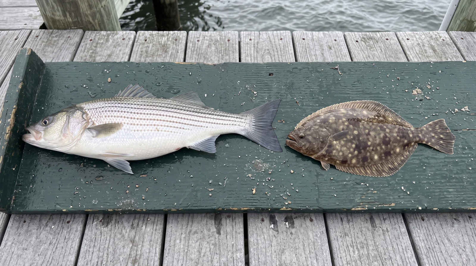 A striped bass and a fluke laid side by side on a green board on a dock. The striped bass is a long, deep-bodied silver fish with dark horizontal stripes, two separate dorsal fins and a forked tail. The fluke is a smaller, flat oval flatfish, mottled brown with pale spots, lying with its patterned side and both of its eyes facing upward, and a continuous fin fringing its whole body.