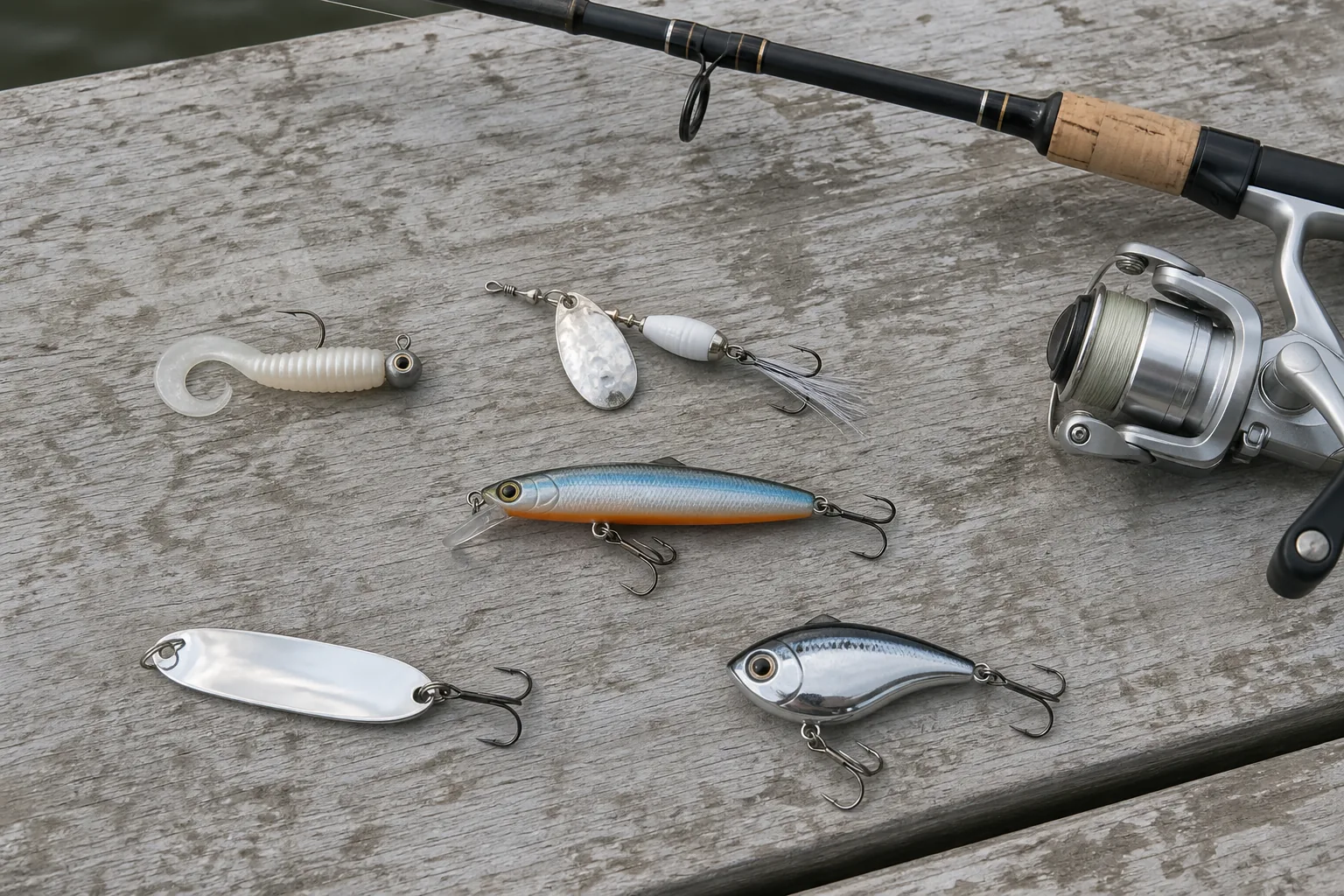 Four lure categories for a white bass run: soft plastic jig, inline spinner, chrome spoon, and white bucktail jig