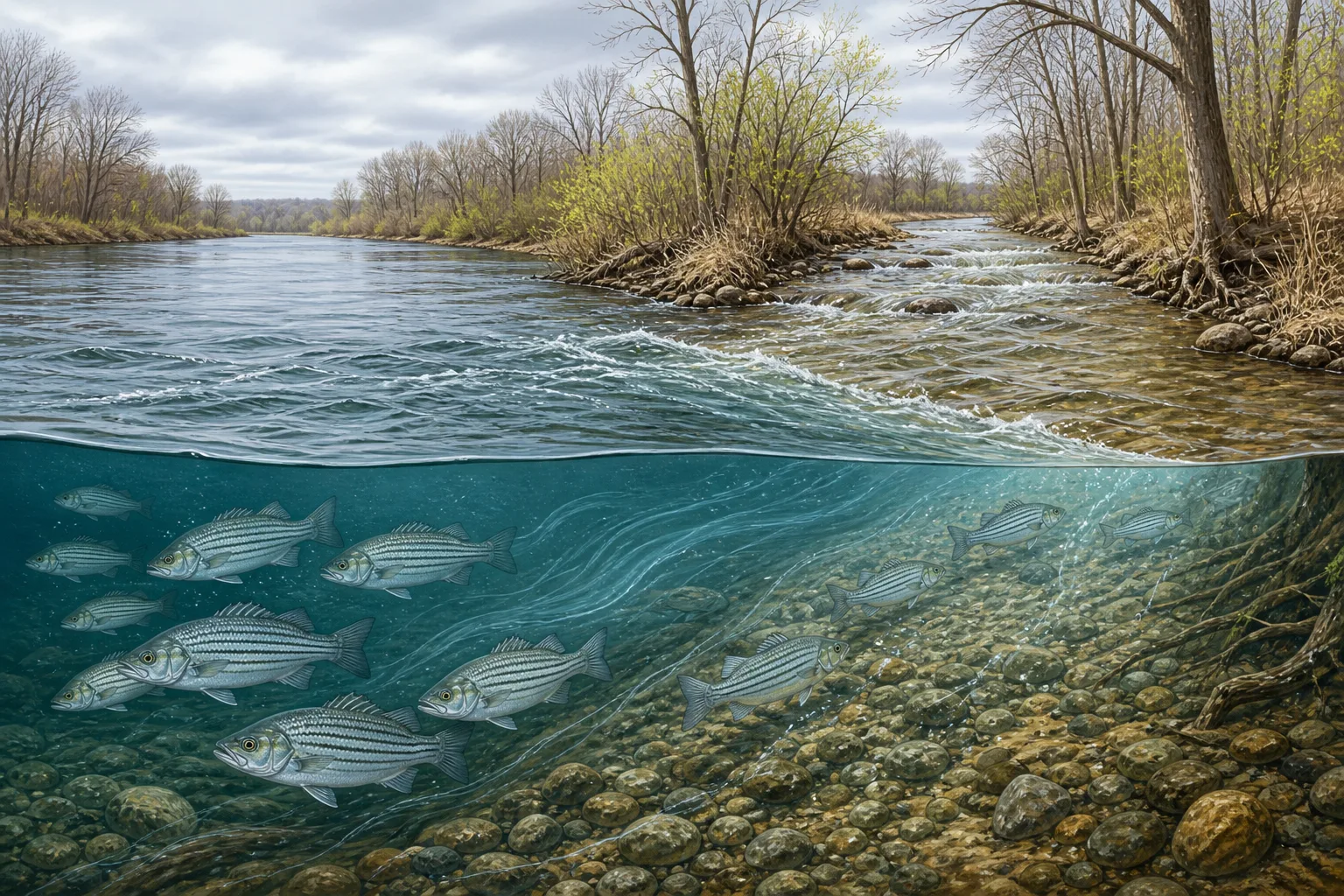 White bass staging at an Arkansas creek mouth and moving upstream over gravel during the spring run